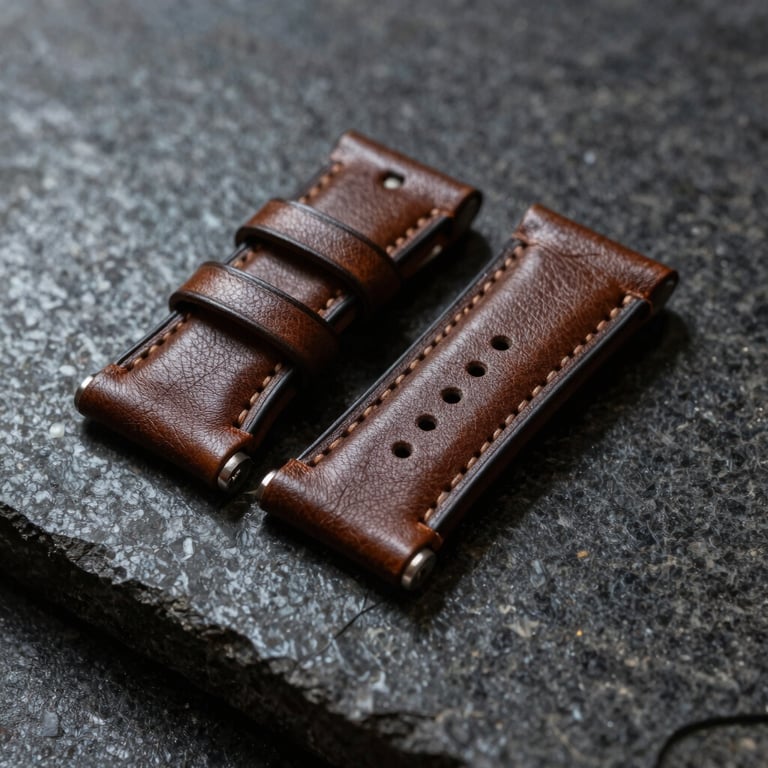 Close-up of a premium leather watch strap resting on a dark, polished stone surface.