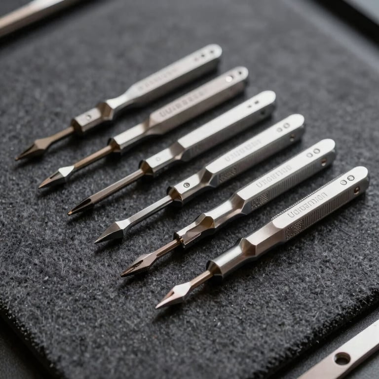 A set of professional horological screwdrivers arranged neatly on a dark grey felt mat.