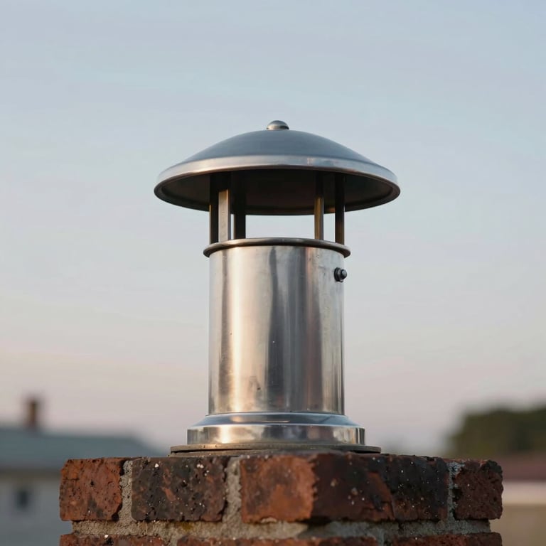 Close-up of a high-quality stainless steel chimney cap installed on a brick chimney against a soft-focus California sky.
