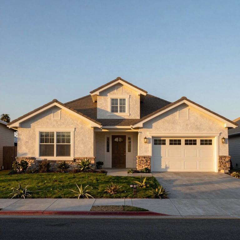 A wide shot of a charming Visalia, California home during the golden hour, highlighting its well-maintained exterior.