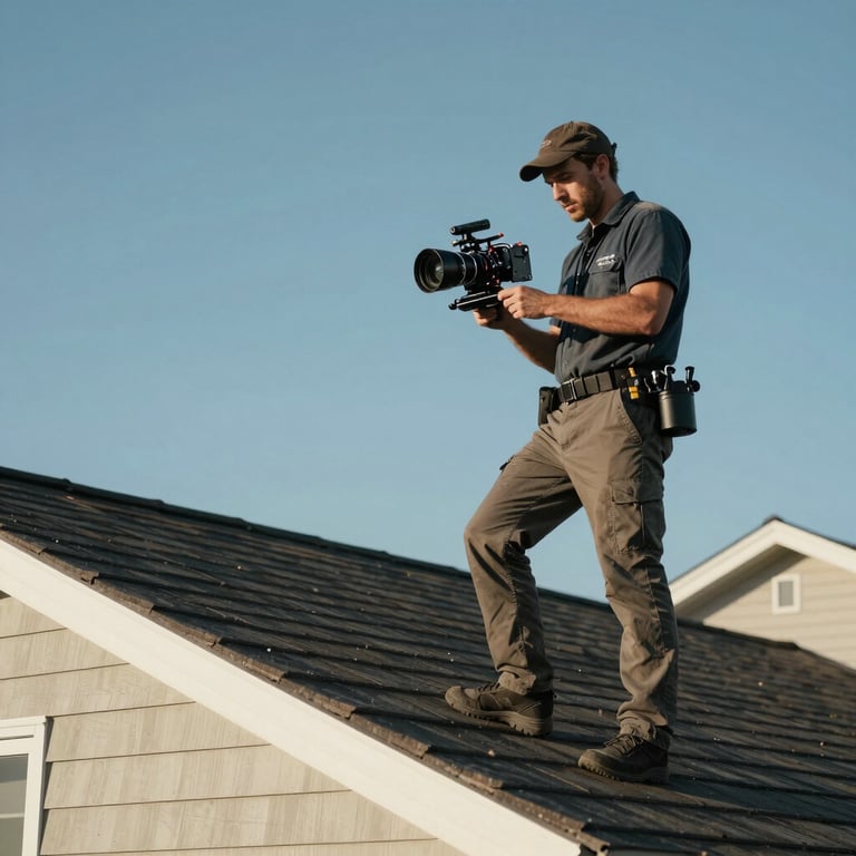 A professional technician in the US standing on a residential roof, using specialized equipment under a clear blue sky.