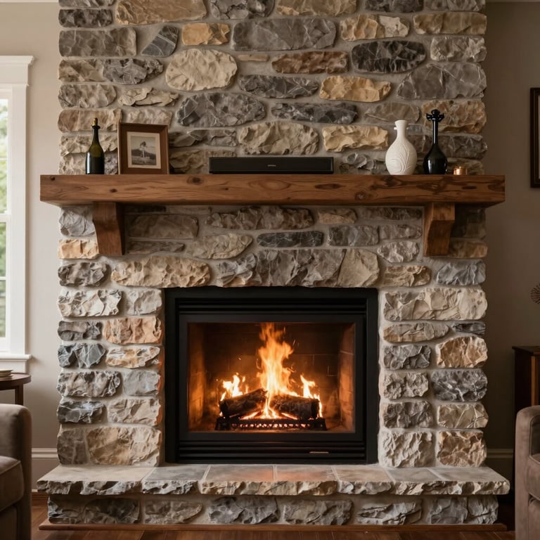 An inviting North American / US living room featuring a beautifully maintained stone fireplace with a gentle fire.