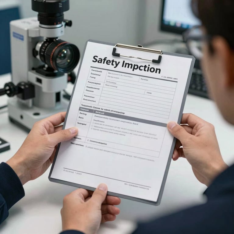 A view of a technician's hands holding a professional safety inspection report in a well-lit North American office setting.