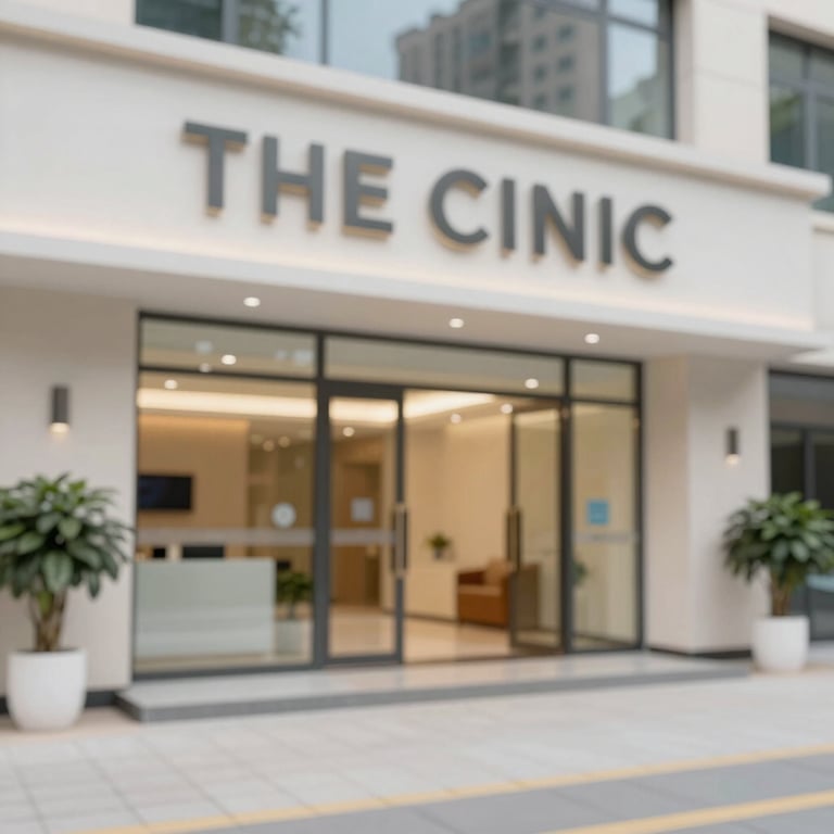 The clinic's elegant entrance lobby featuring professional signage and a clean, modern architectural design.