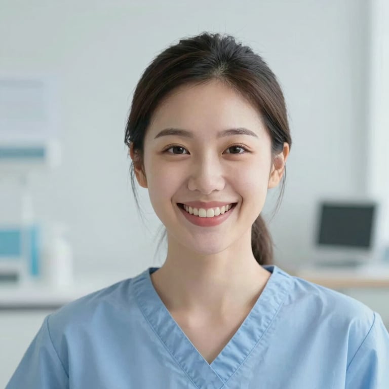 A happy patient with a radiant, healthy smile in a brightly lit room with soft #2A4B6A accents.