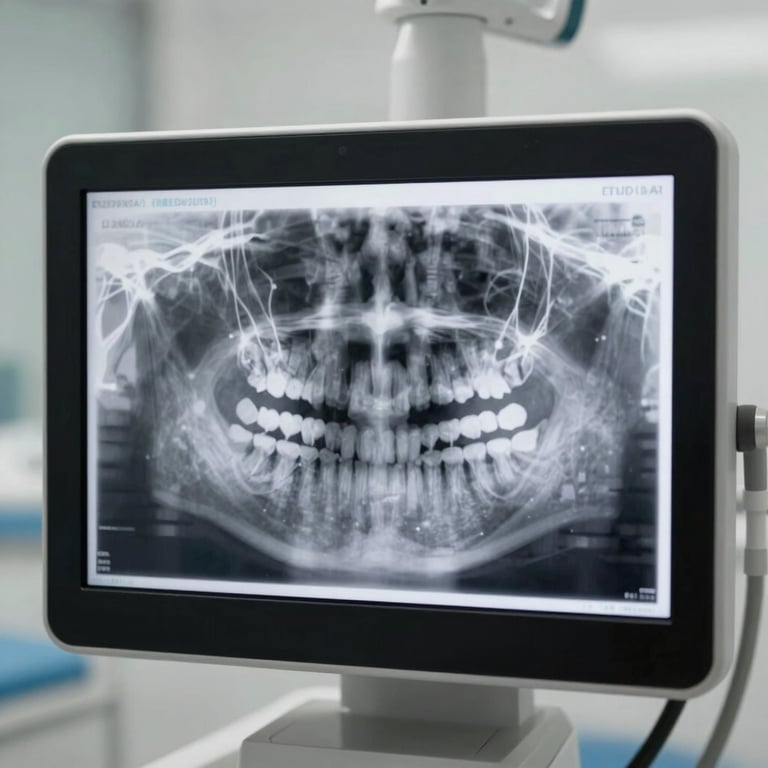 Close-up of a digital dental X-ray screen showing a precise scan, highlighting the modern technology used in the practice.