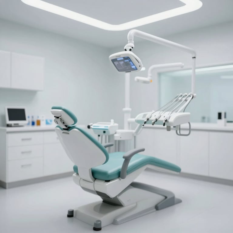 A wide shot of a modern dental treatment room with a high-tech chair in #D6E0EC and bright, clinical #F5F8FA lighting.