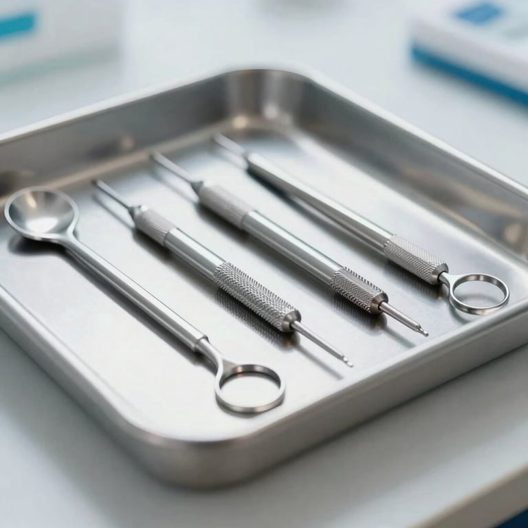 Macro shot of sterile, high-quality dental tools perfectly organized on a medical tray, representing clinical excellence.