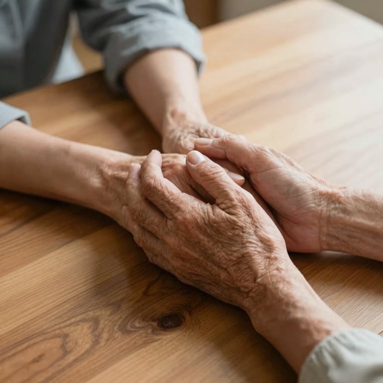 Close-up of hands gently holding, a caregiver's hand reassuring an elderly resident's hand on a warm wooden table, soft natural side light, peaceful atmosphere.
