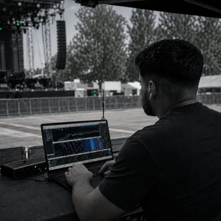 Audio engineer using sound analysis software on a laptop at an outdoor concert venue.