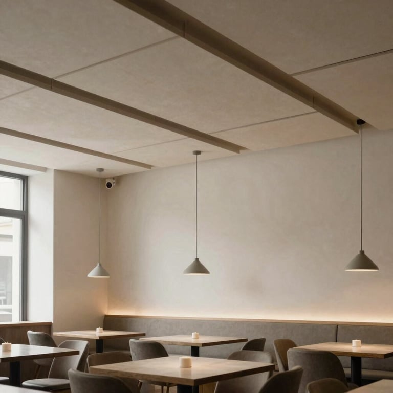 Modern minimalist restaurant interior in Malaga featuring discreet acoustic ceiling panels, soft natural lighting.
