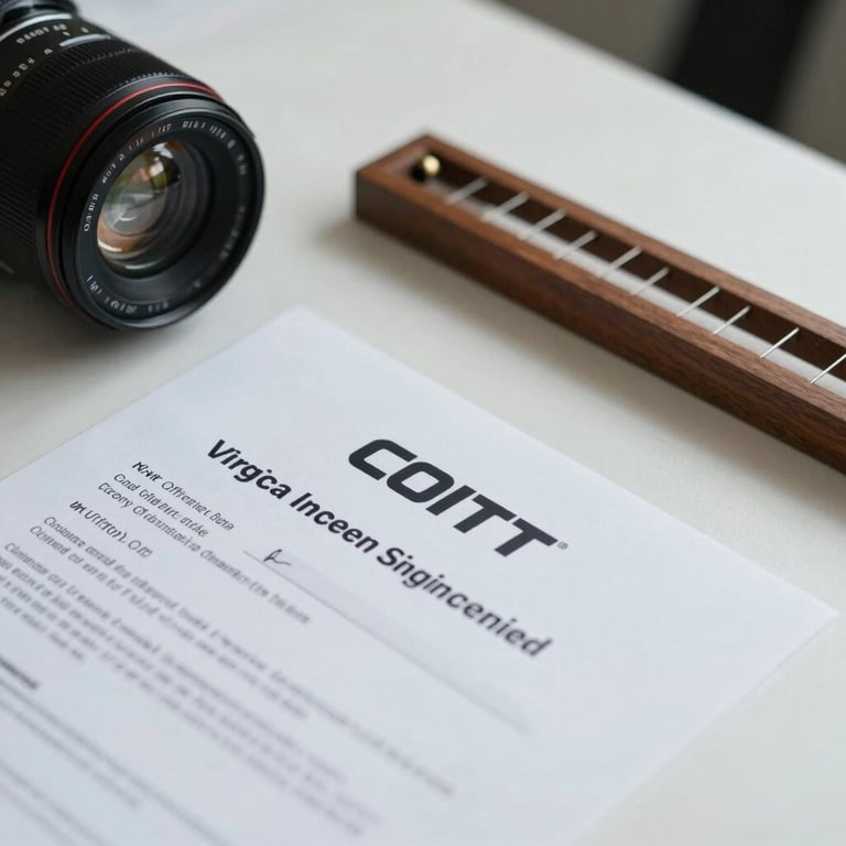 An official engineering certificate with the COITT logo displayed on a clean white desk next to a sonometer.