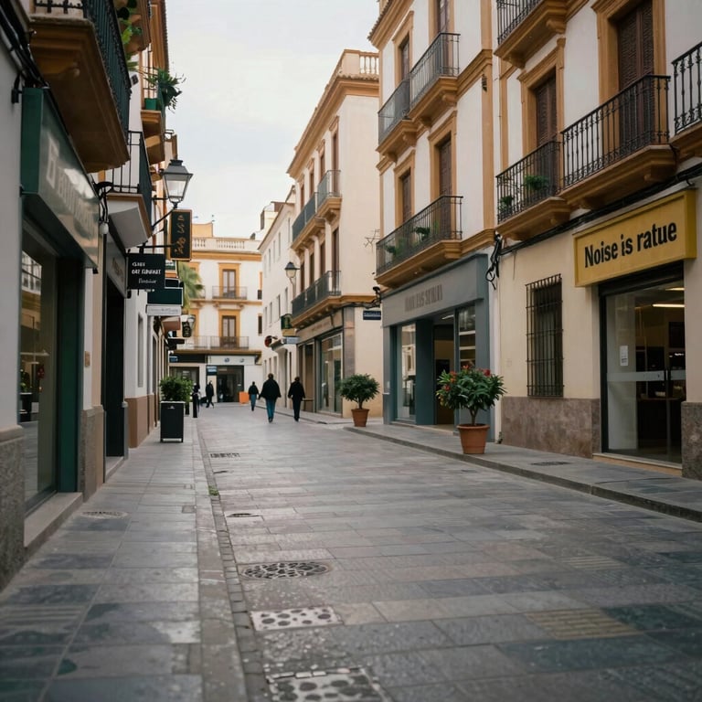 A wide shot of a commercial street in Malaga where various local businesses have successfully obtained noise licenses.