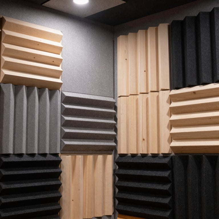 Interior of a recording studio with professional acoustic diffusion wood panels, ash black and bone white color scheme.