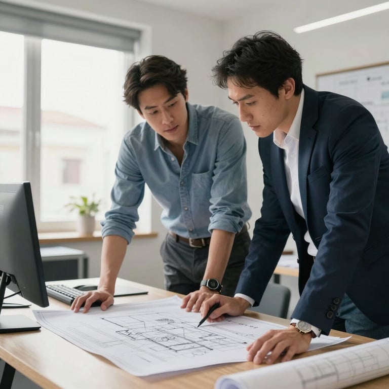 An architect and an engineer discussing blueprints in a bright office in Southern Europe.