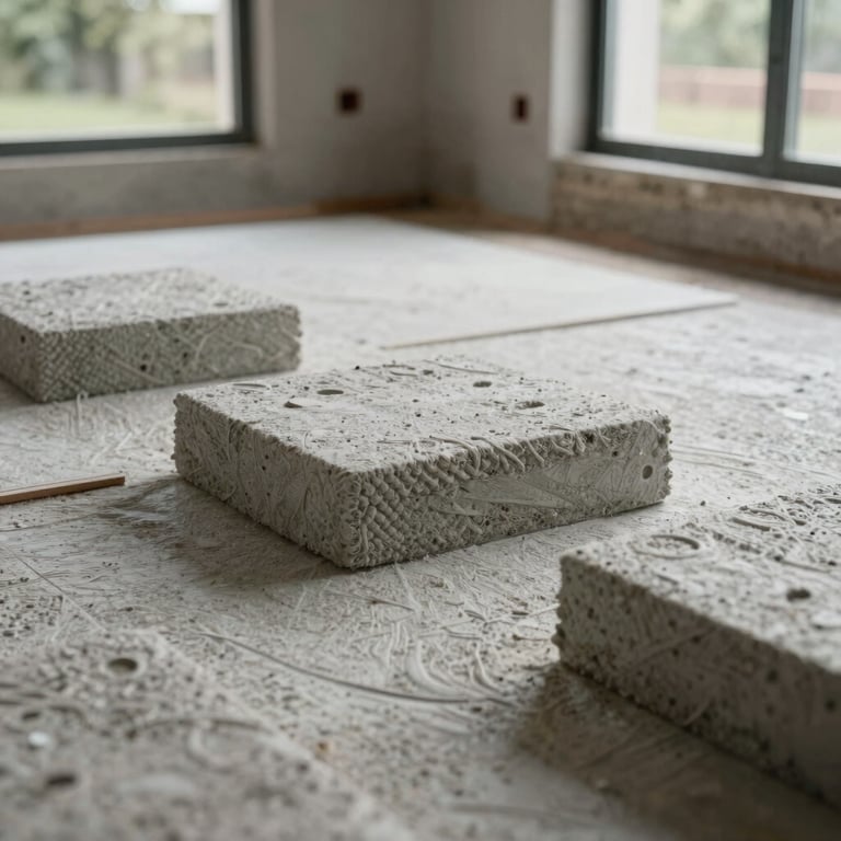 A technical acoustic floor insulation installation in progress at a Mediterranean residential construction site.