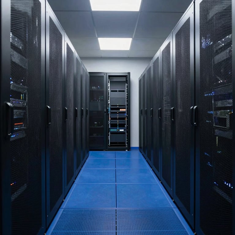 A wide shot of an empty, modern server room aisle with navy blue flooring and bright, clean technical lighting.