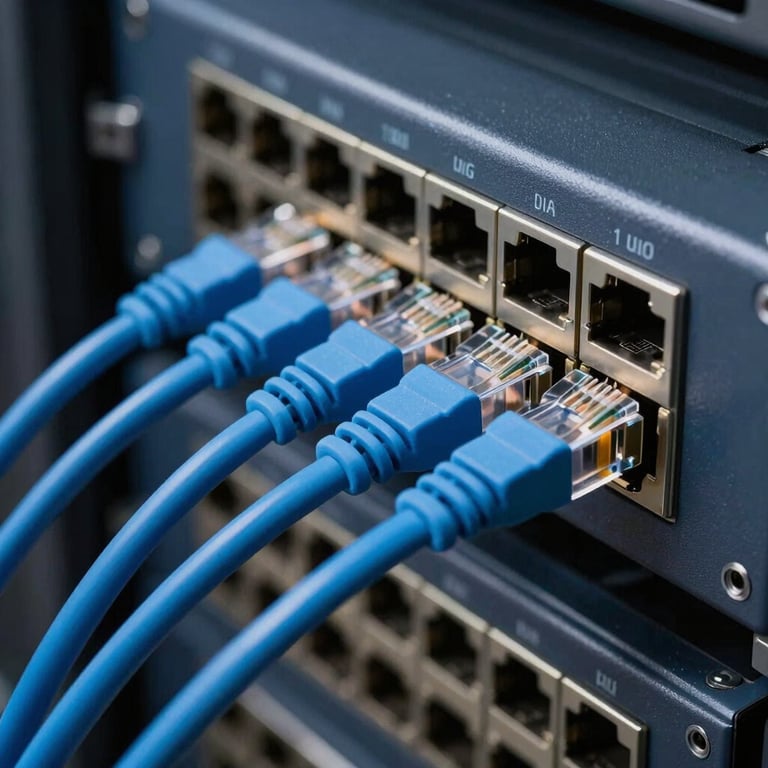 A macro shot of organized blue ethernet cables plugged into a high-density network switch in a professional US data center.