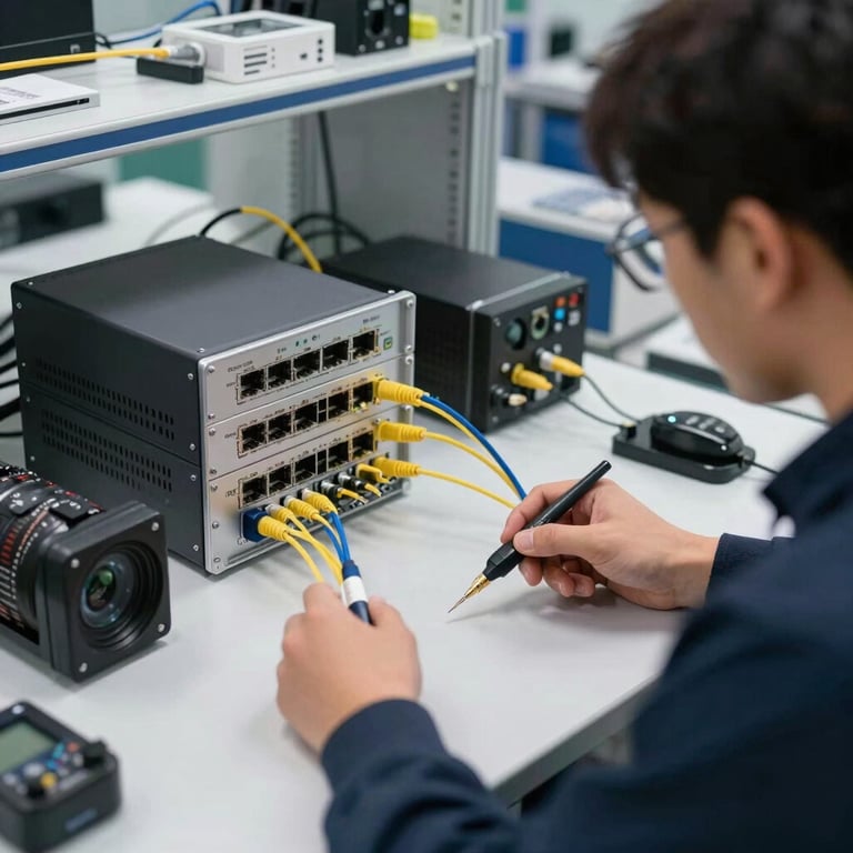 A professional shot of a technician's workbench with high-end networking hardware and clean fiber optic testing tools in a North American lab.