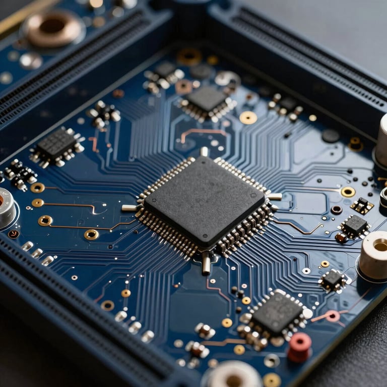 Macro photography of a high-end motherboard circuit board with visible processing chips and copper traces, dark blue tones.