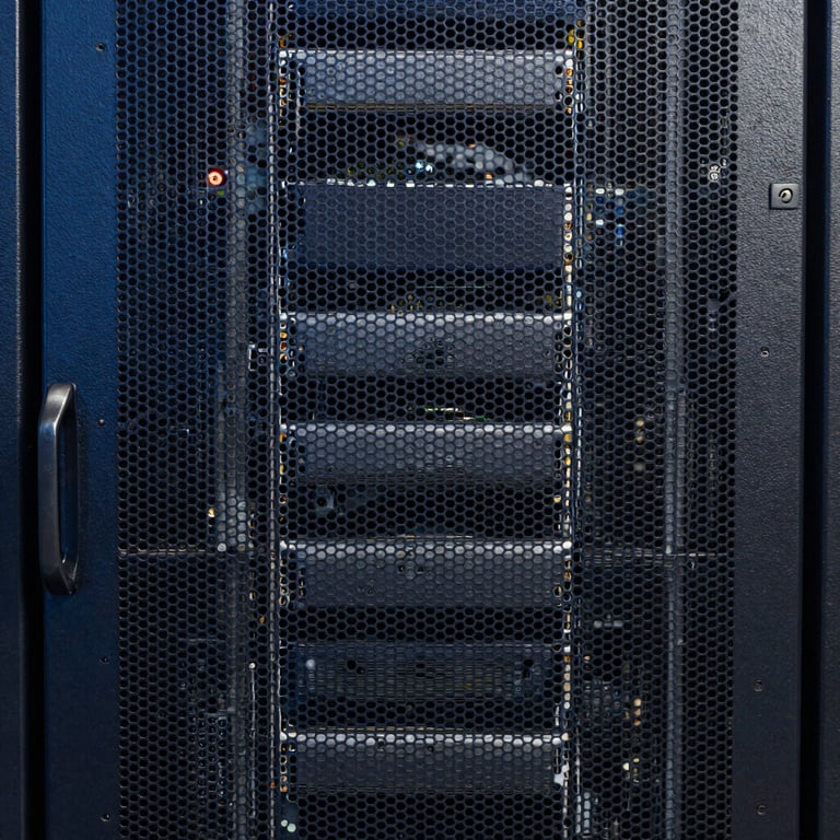 Close-up of a server rack door with a clean, industrial honeycomb mesh pattern in navy blue and dark gray.
