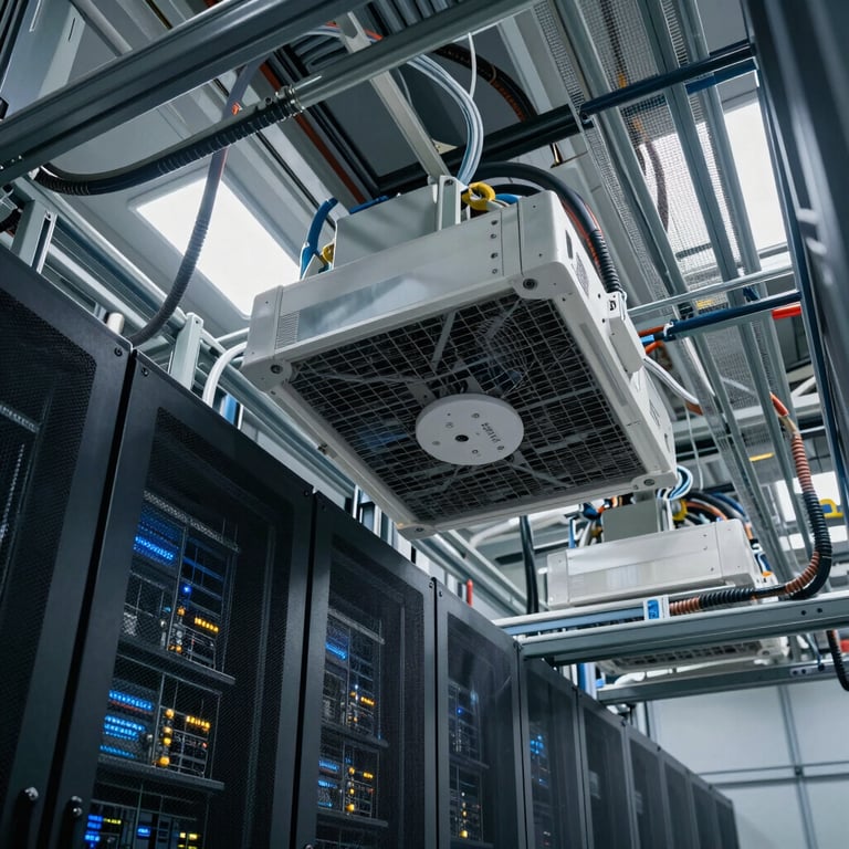 A high-angle view of a data center cooling system and ceiling-mounted cable trays in a modern tech facility.