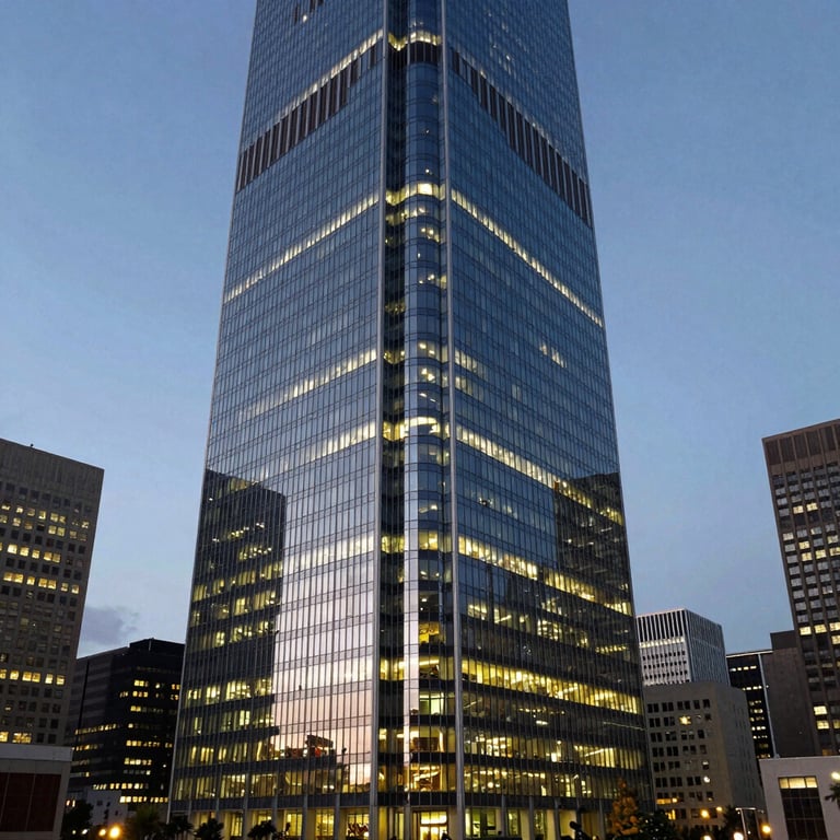 Architecture photography of a sleek glass skyscraper in a North American business district at dusk, glowing with interior lights, symbolizing enterprise scale.