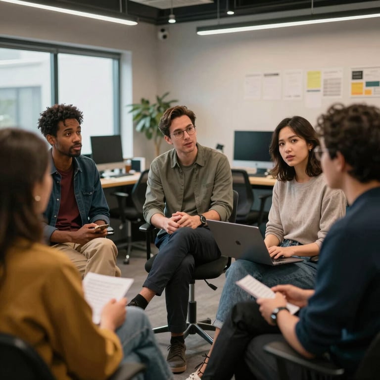 A group of diverse professionals having a focused discussion in a modern North American creative studio, vibrant but professional atmosphere.