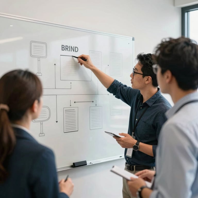 A collaborative session in a North American agency with three professionals pointing at a whiteboard with brand concepts, clean aesthetic, natural light.