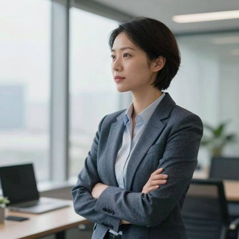 A sharp professional portrait of a marketing strategist in a modern North American office setting, looking towards a window, shallow depth of field, blue and grey corporate attire.