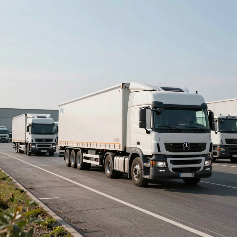 A fleet of logistics trucks at a central European distribution center during a clear day, symbolizing speed.