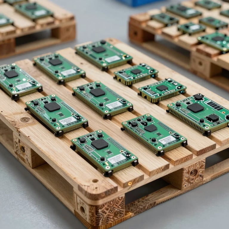 Precision-packed pallets of commercial electronics ready for B2B distribution, clean and professional lighting.