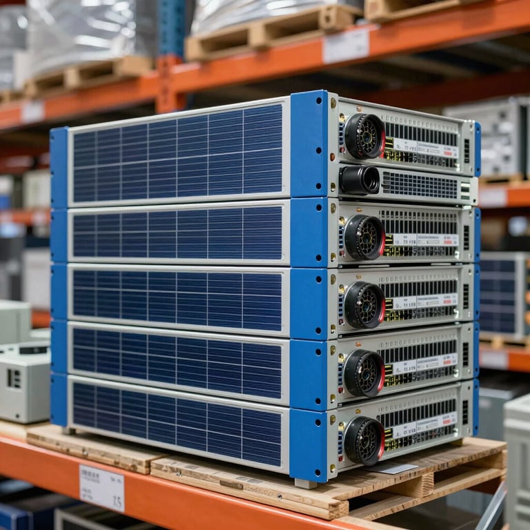 A stack of high-end solar inverters in a professional German wholesale warehouse, bright blue accents.