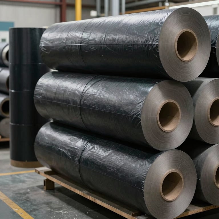 Rolls of high-quality industrial packaging materials stored in a modern facility, dark black and gray palette.