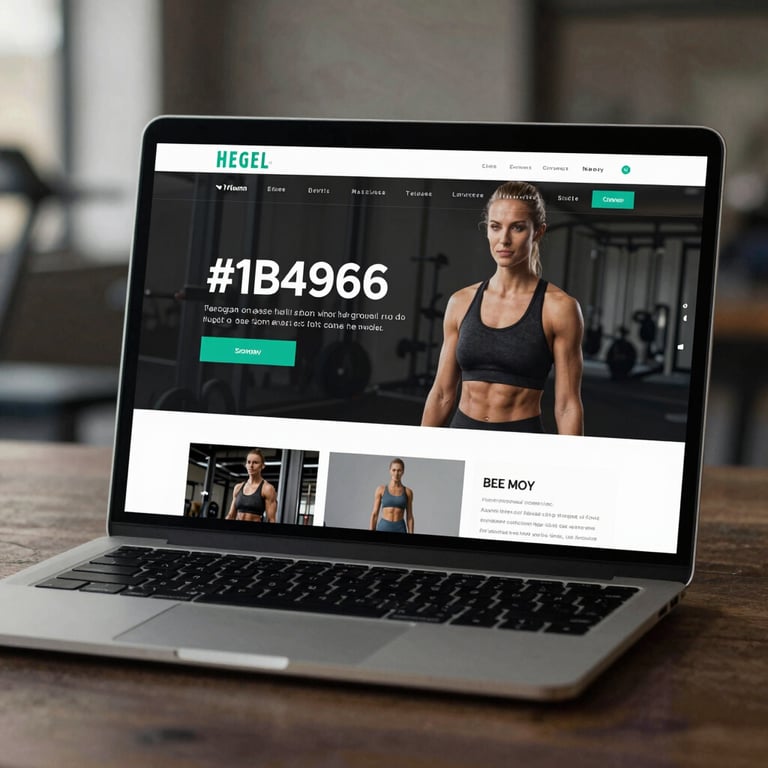 A premium dark laptop screen showing a modern gym website with high-contrast typography and #1B4965 accents.