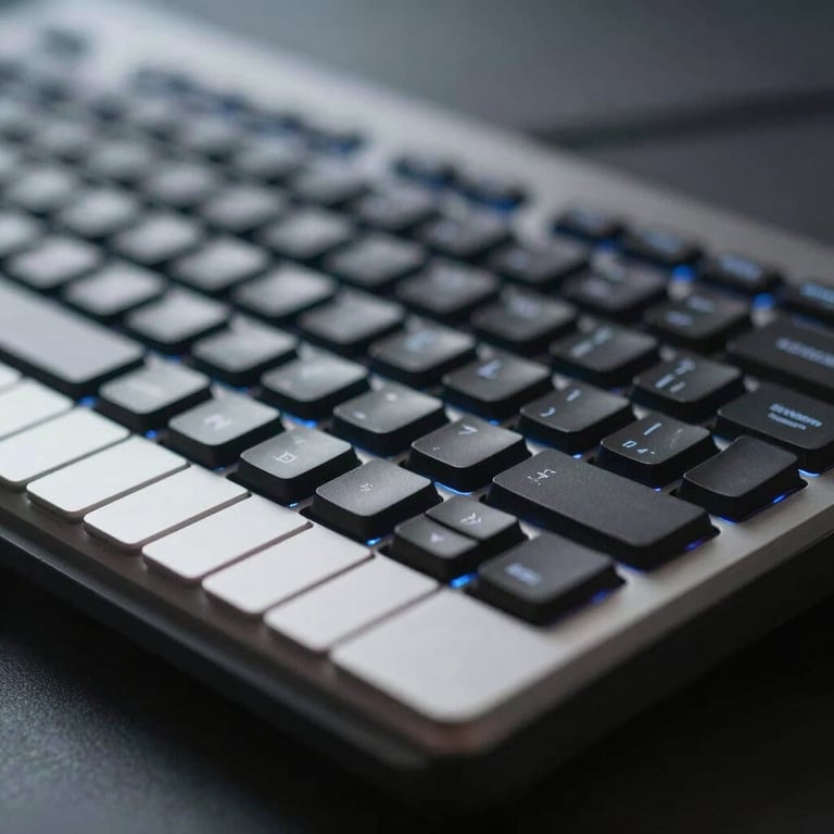 A close-up of a professional keyboard with subtle blue backlighting in a dark, high-end studio.