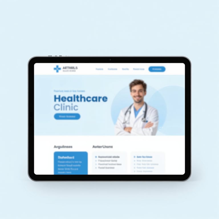 A minimalist tablet display featuring a clean healthcare clinic landing page with soft blue #EBF2FA gradients.