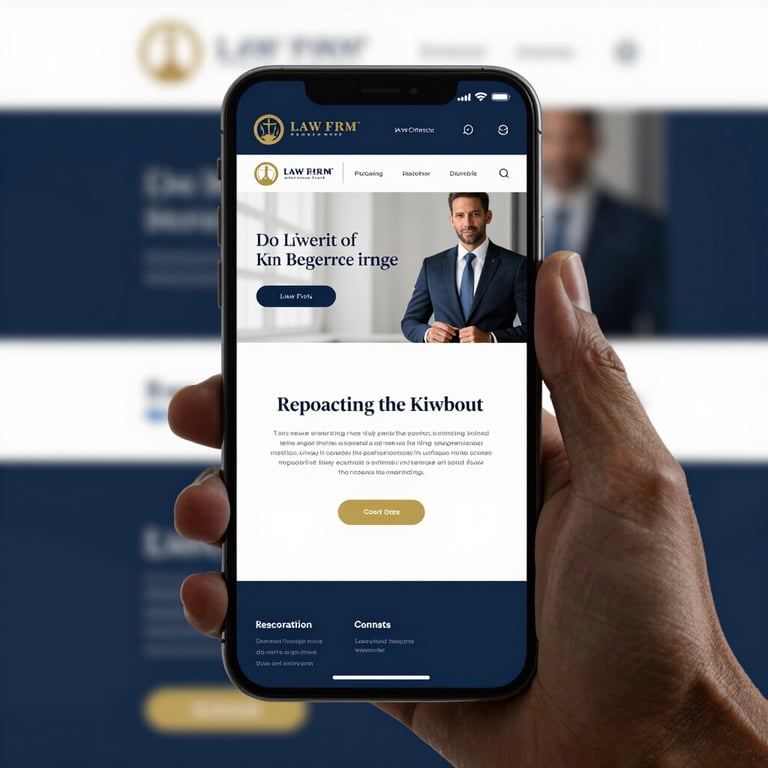 A mobile phone interface showing a sophisticated law firm website with gold and #0A1C2C tones.