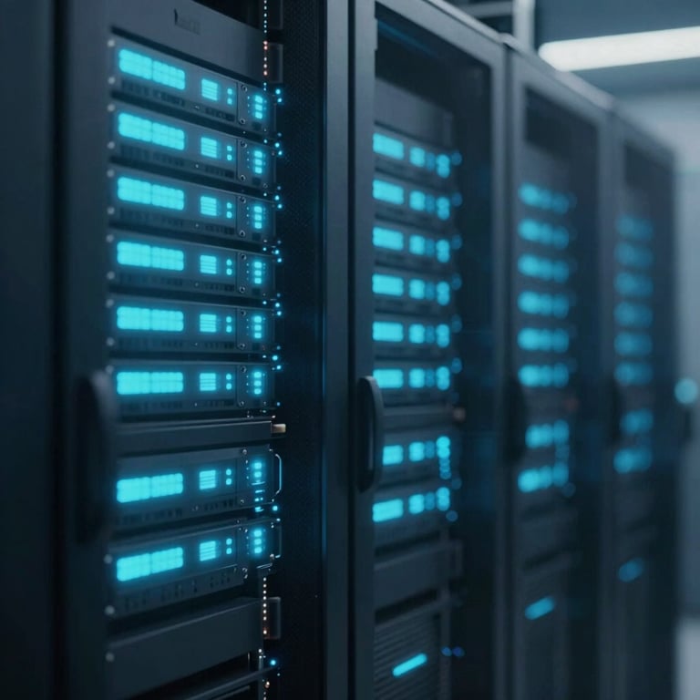 Blurred motion of a high-tech server room with glowing blue LEDs in shades of #1B4965 and #5E8BA8.