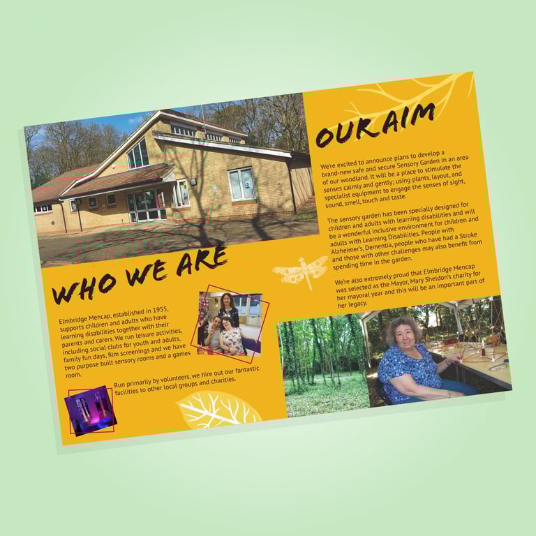 mencap charity fundraising campaign leaflet with yellow and natural tones