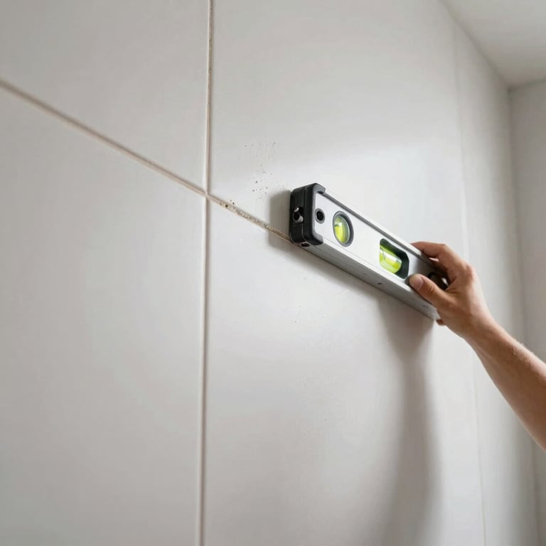 High-contrast close-up of a worker leveling a large format tile on a bathroom wall, bright work-light, visible level bubble, crisp detail