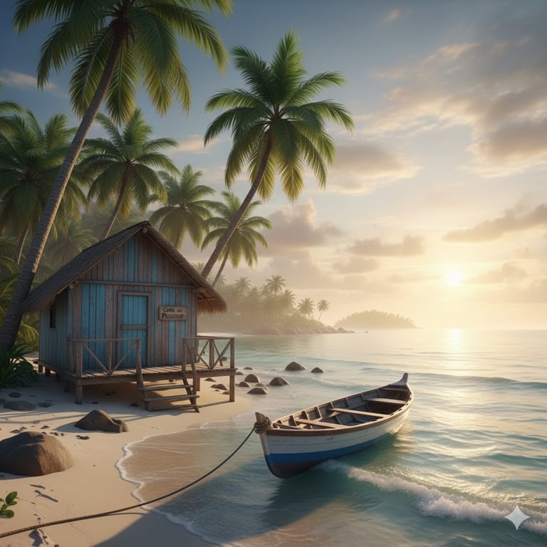 A rustic beach hut and wooden boat on a tropical island shore at sunset with palm trees.