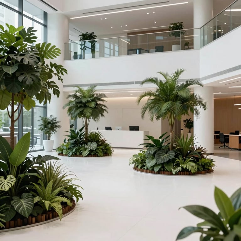 Clean, modern office lobby with pearl white floors and minimalist forest green plant arrangements.