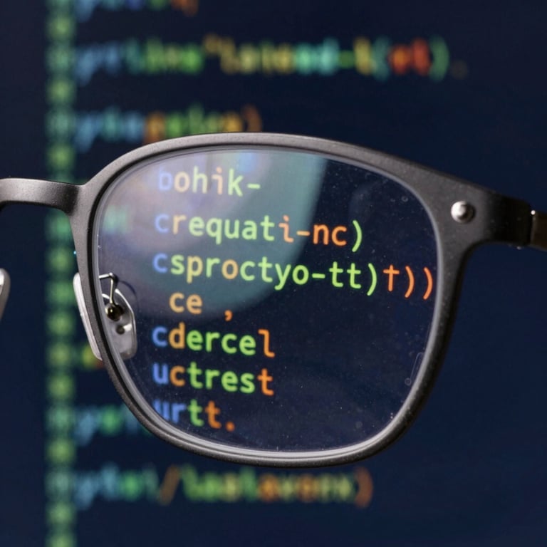 Macro shot of code reflected on a pair of glasses, with deep navy tones in the background.