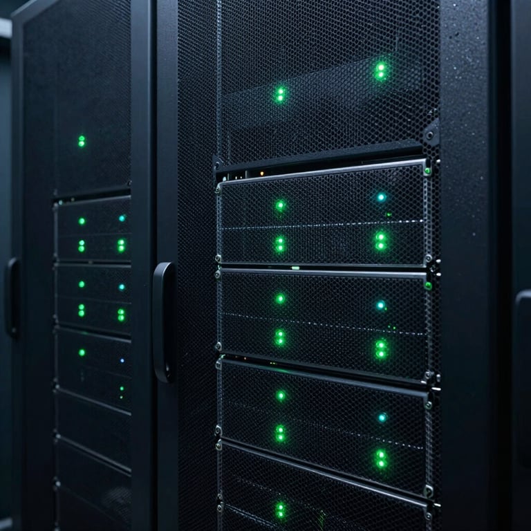 A close-up of a high-tech server rack with subtle forest green indicator lights in a dark navy room.