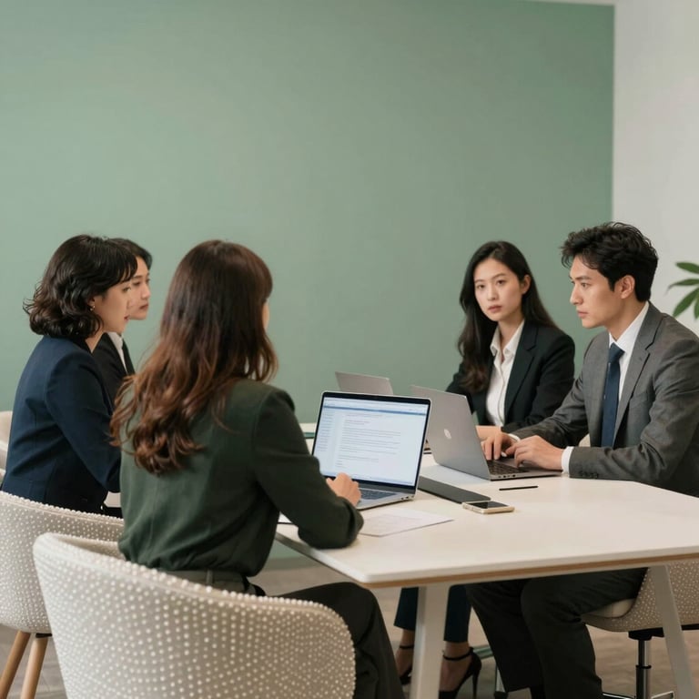 A group of professionals in a meeting room with sage green accents and pearl white furniture.