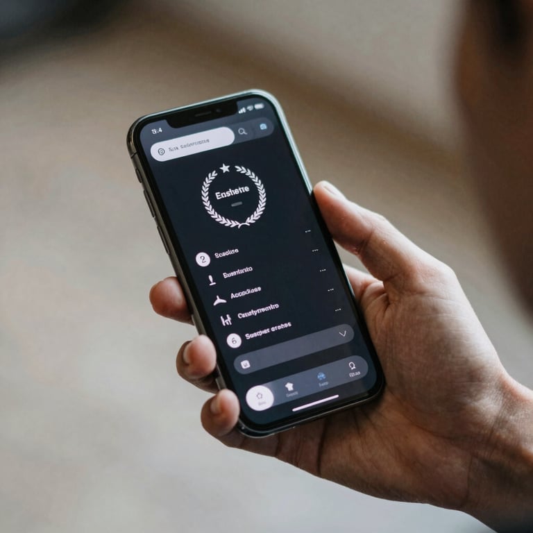 A hand holding a smartphone showing a custom enterprise app with a sleek UI, in natural lighting.
