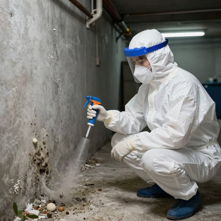 A residential basement in Florida being professionally sanitized and treated for mold prevention.