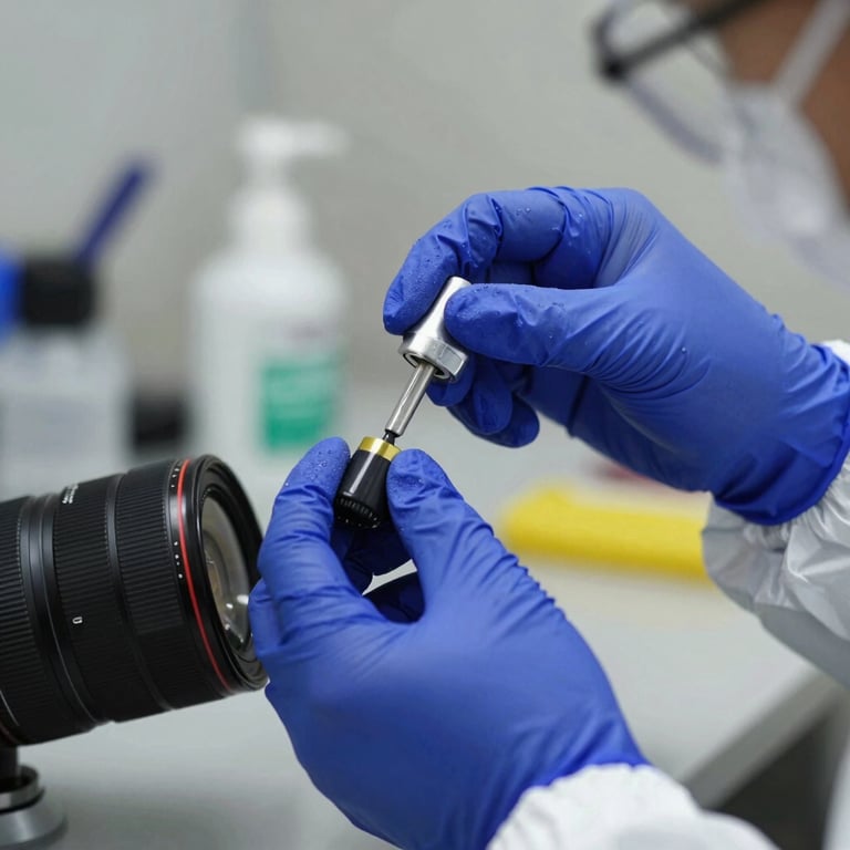Close-up of a certified restoration technician in a protective suit and deep steel blue gloves measuring moisture levels.