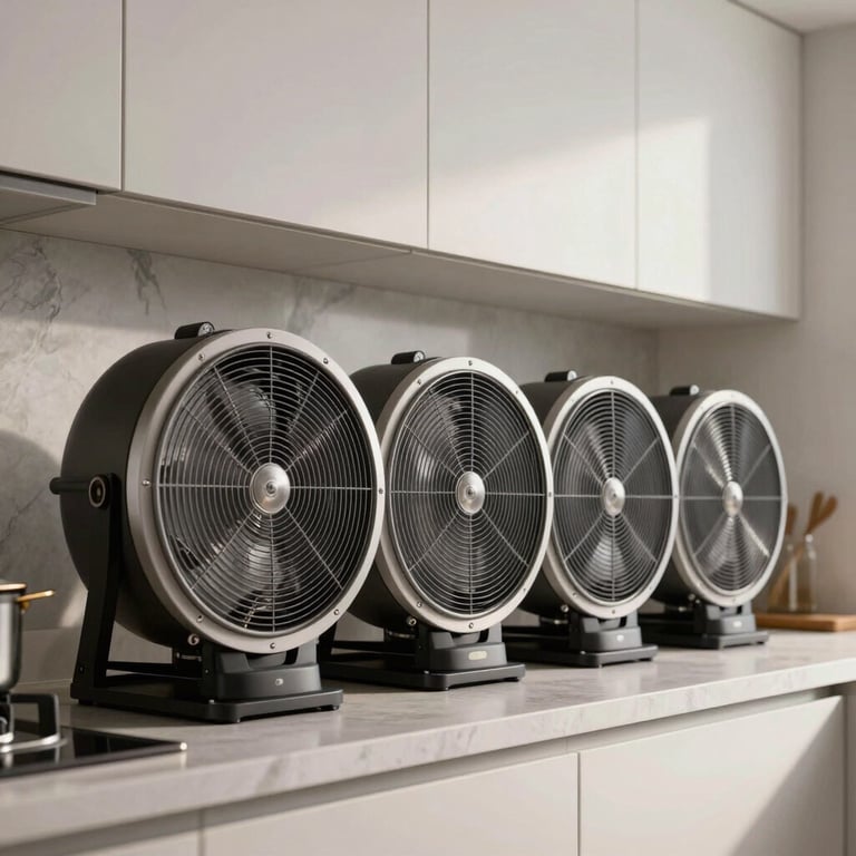 A series of high-speed air movers drying out a modern kitchen with white cabinetry.